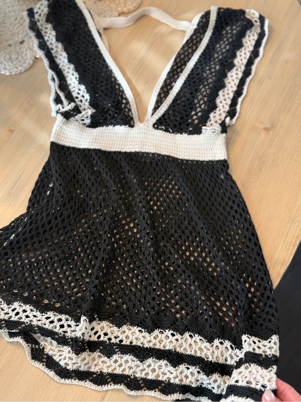 Black and White Crochet Deep V Bathing Suit Cover Up